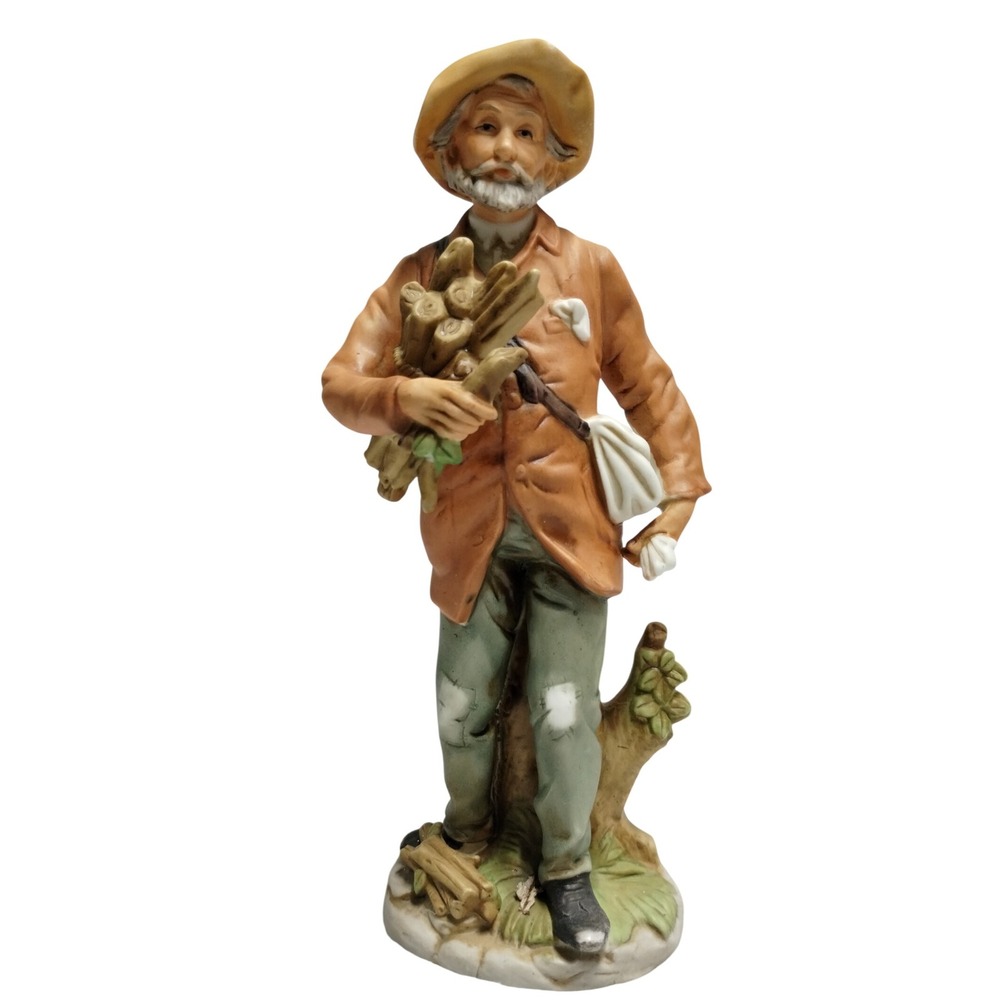 Rustic Italian Capodimonte Style Woodsman Figurine‎ Firewood Cabin Decor 10"